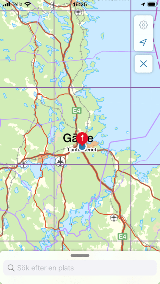 Skärmklipp som visar en karta där en röd markör med en nål på är placerad vid Gävle. Under kartan syns fältet där man kan söka efter en plats.